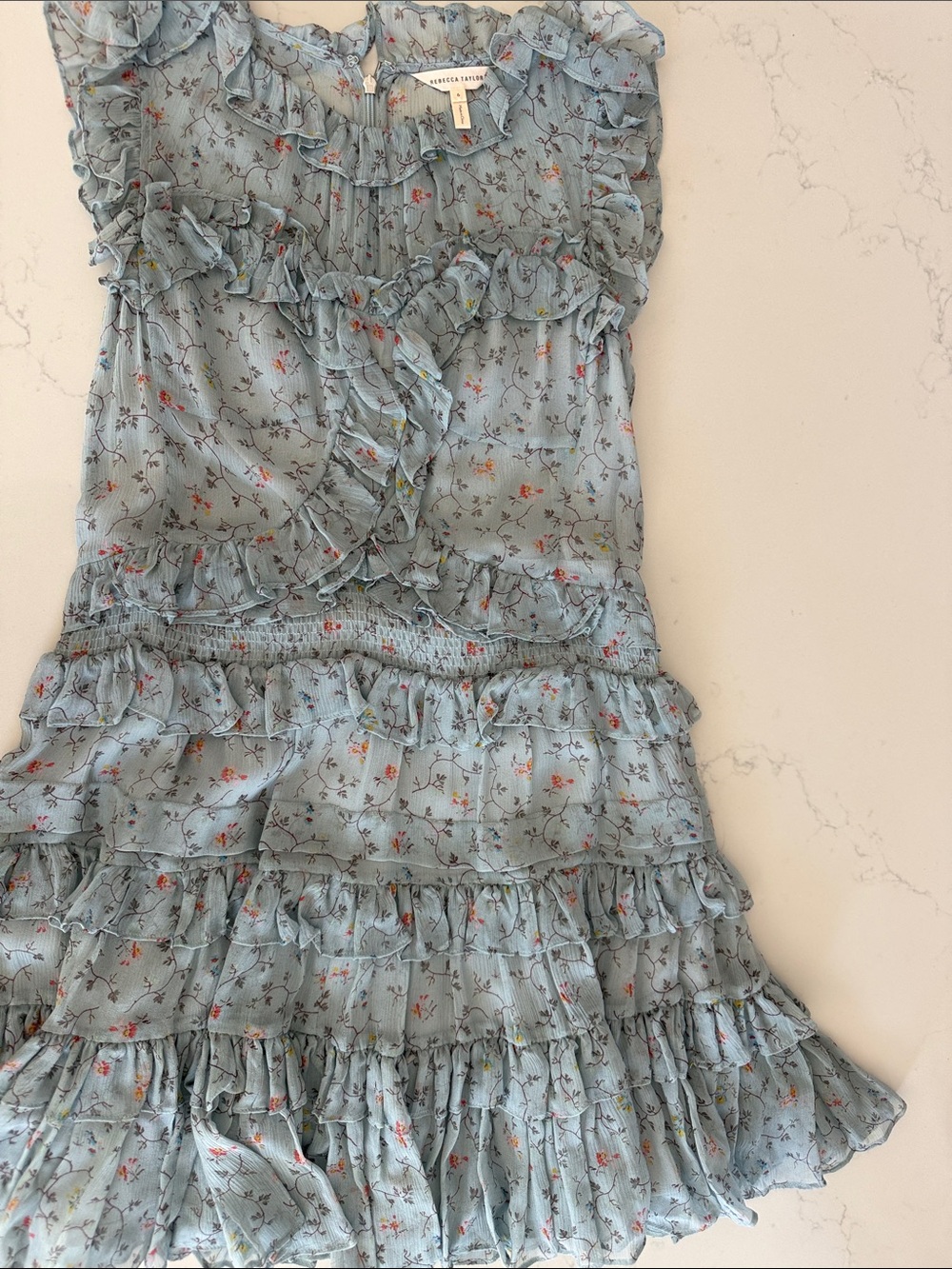Rebecca Taylor Blue Floral Ruffle Tiered Dress